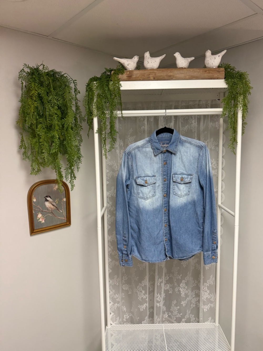Indigo Bank Fade Denim Western Button Down Long Sleeve Shirt - Size Small
